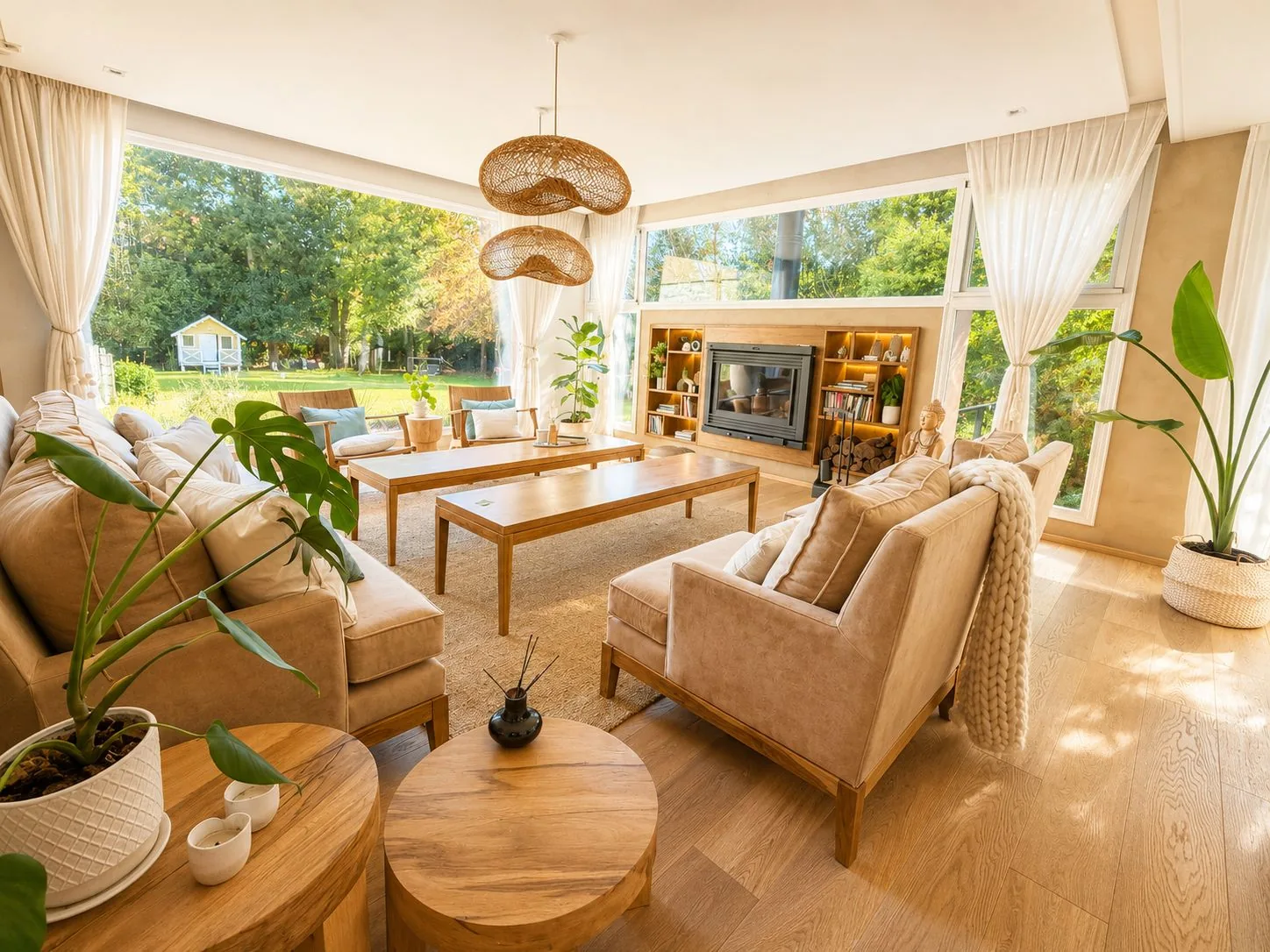 Living de Casa Parque Leloir: madera, hogar a leña y luz cálida al parque